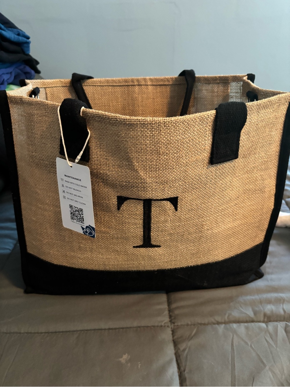 Monogrammed Jute Tote Bag - Black and Natural